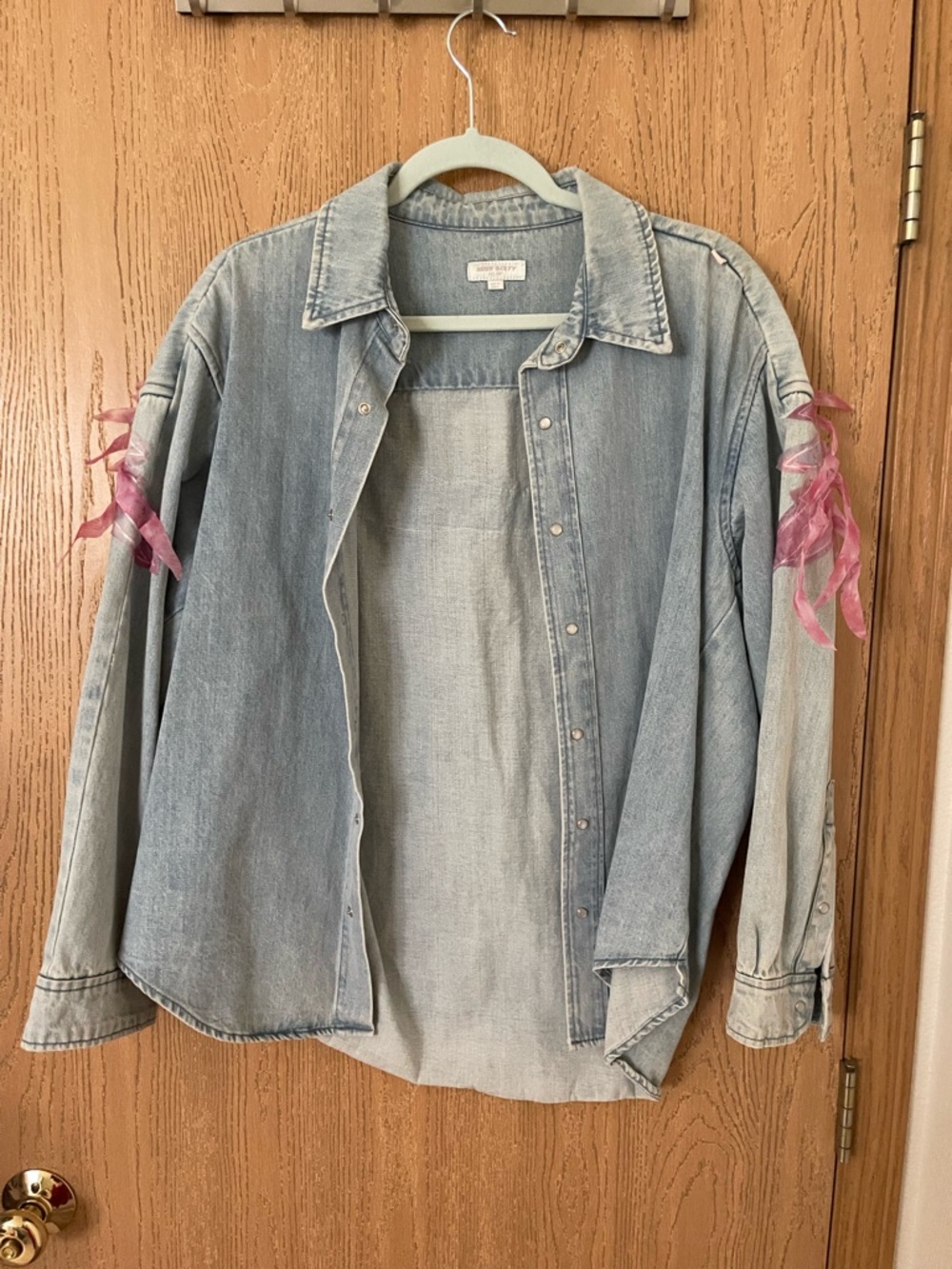 Miss Sixty Light Blue Denim Shirt Jacket with Pink Ribbon Sleeves